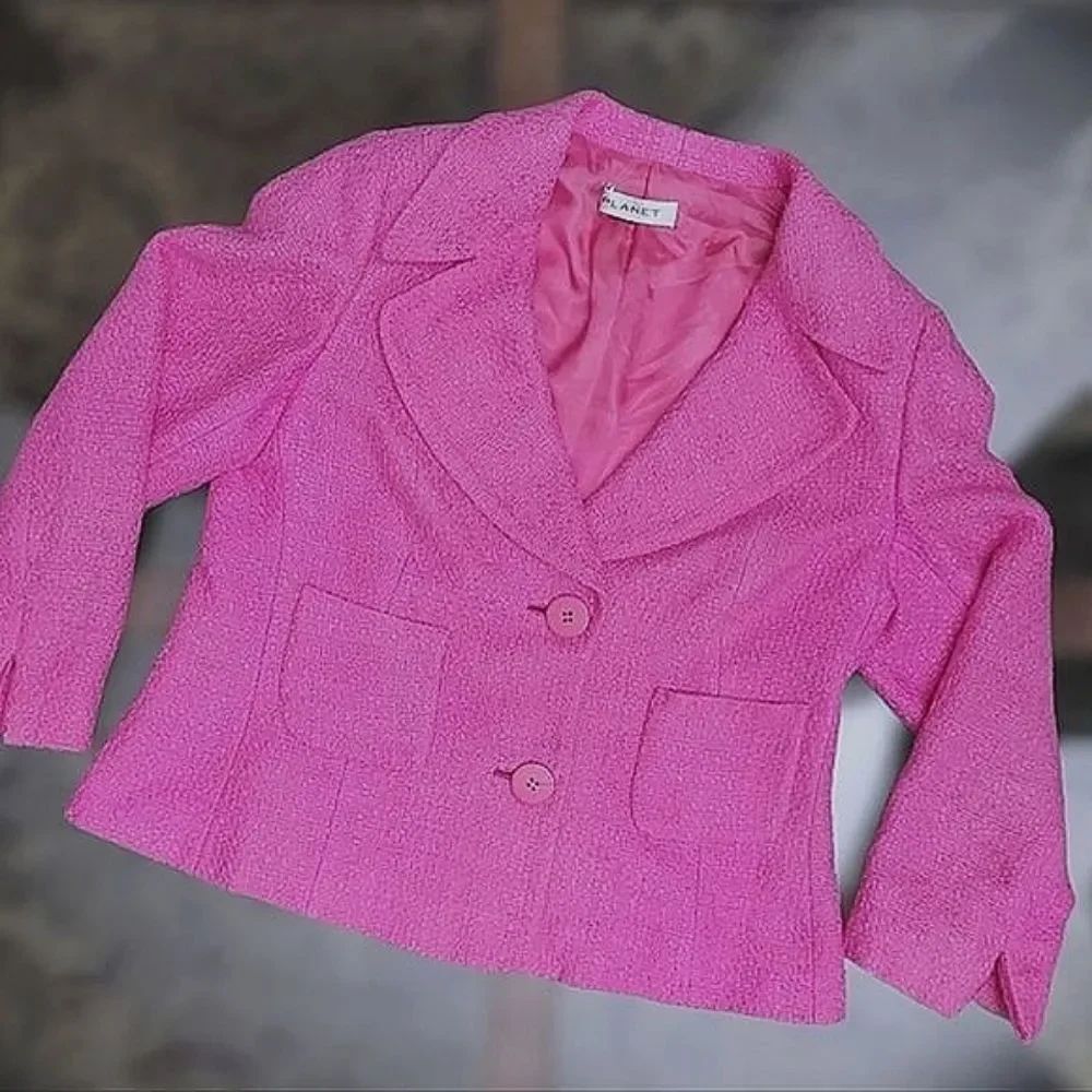 Vtg Y2K Planet fuschia bouclé wide collar blazer jacket - Picture 4 of 16